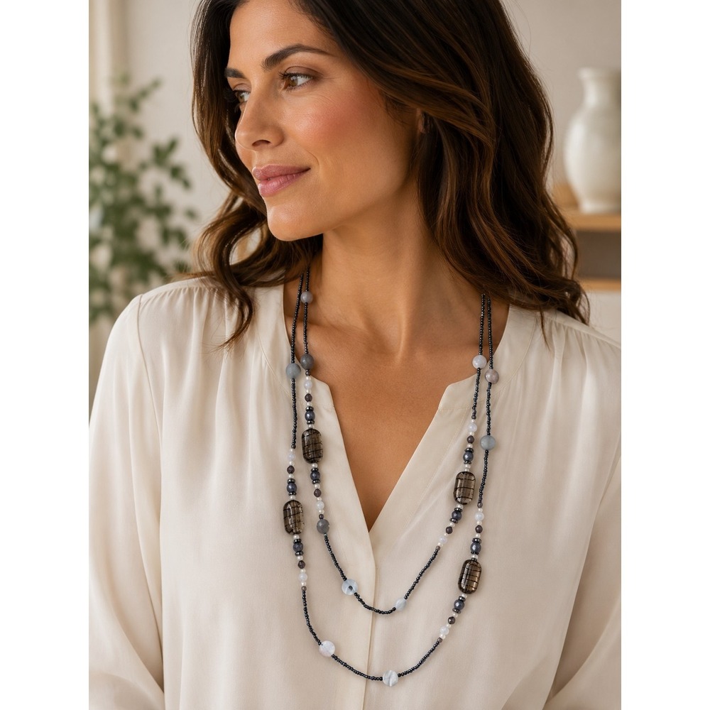 Long Gray & Silver Beaded Necklace Layered Glass & Shell Beads, Boho Statement
